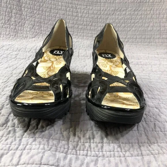 Fly London Wedge Size 41 EU 10 US Yadi Interwoven Straps Peep Toe Black Patent - Picture 3 of 13